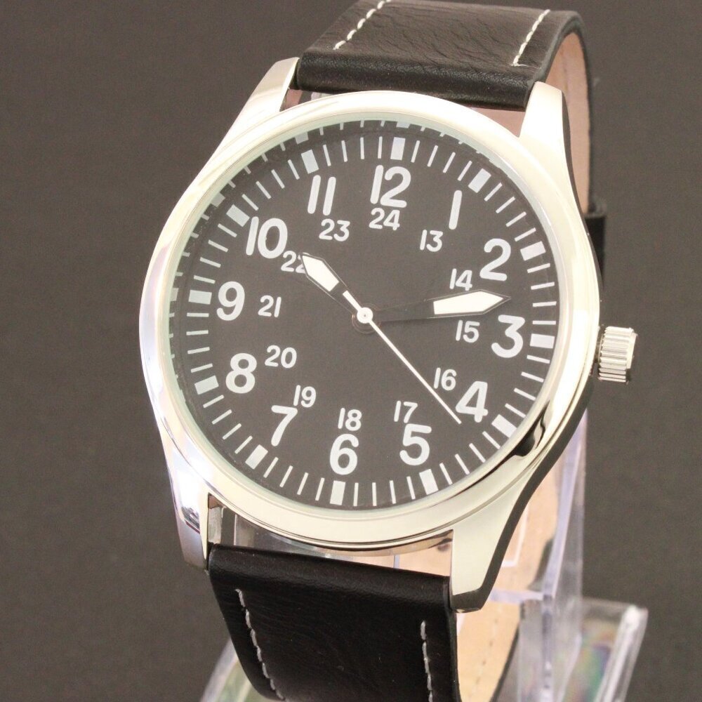Men's Quartz Field Watch Silver Case Black Leather Strap 42mm